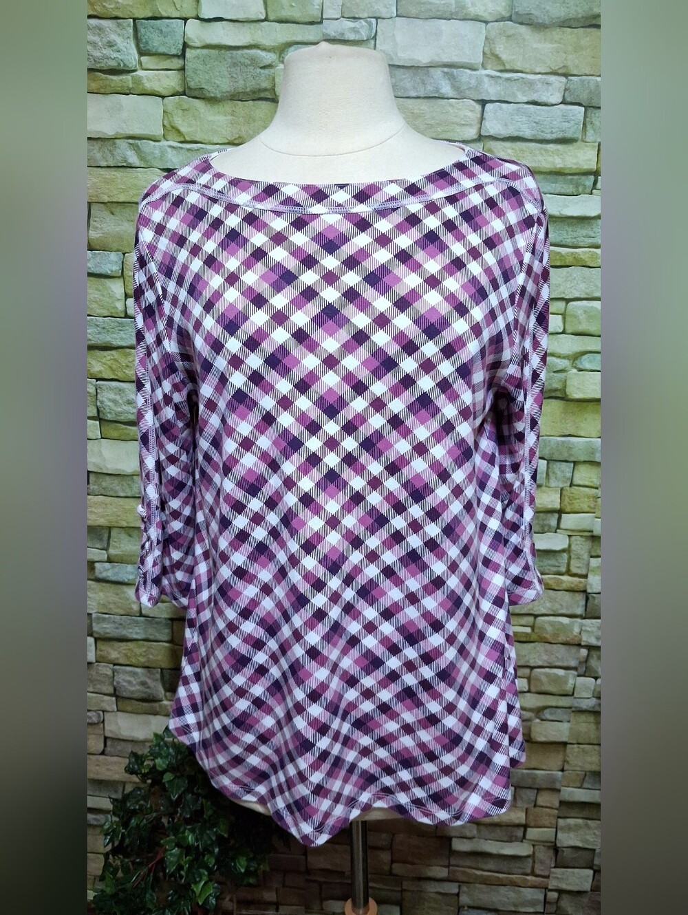 Blair Purple Plaid Boatneck 3/4 Sleeve Top